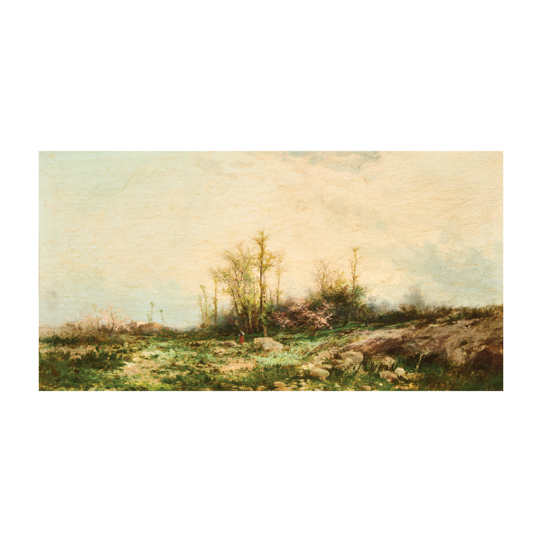 Atribuido a Joaquim Vayreda Vila (Girona, 1843-Olot Girona, 1894) Paisaje rural con campesina.  