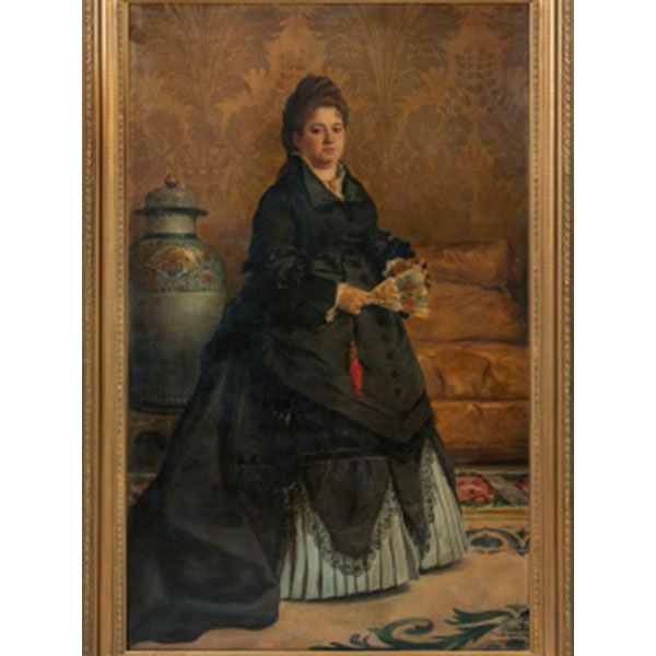 ESCUELA ESPAÑOLA  (S. XIX) "Retrato de dama con abanico en el salón " Óleo / Lienzo 
