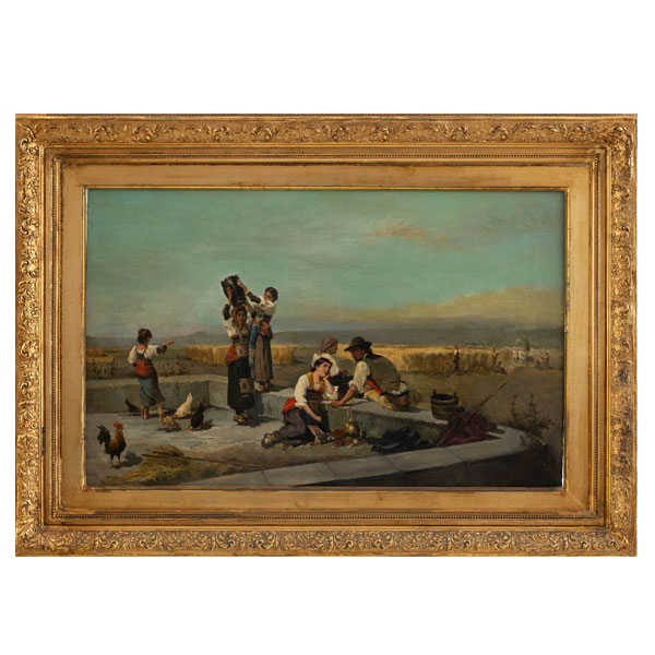 "Trabajando en el campo".  ESCUELA ITALIANA DEL SIGLO XIX.   Técnica: Óleo/Lienzo