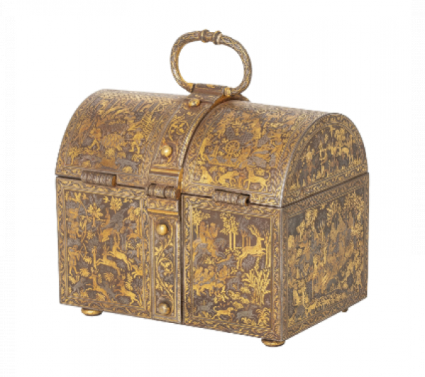 Caja de caudales de hierro damasquinado en oro con escenas de cacería.  Diego de Çaias, España, S. XVI. 