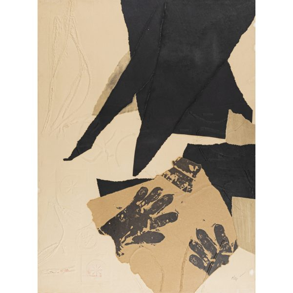 Antoni Clavé Sanmartí (Barcelona, 1913-Saint Tropez, Francia, 2005)  Gants Noir et ficelles.  Grabado al carborundum con gofrado y collage sobre papel. Firmado a lápiz.