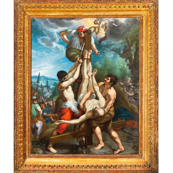 "Crucifixi&oacute;n de San Pedro", Escuela italiana, Principios del Siglo XVII. &Oacute;leo sobre cobre. 