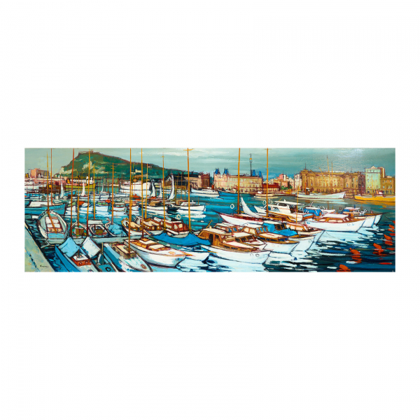 Jesús Casaus Mechó (Barcelona, 1926-2002)  Vista del puerto de Barcelona.  Óleo sobre tela. Firmado. 