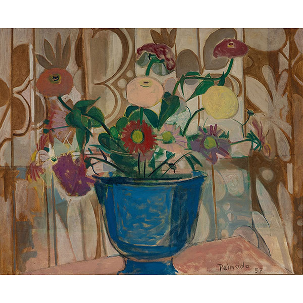 JOAQUÍN PEINADO   (Ronda, Málaga 1898 - París 1975).  "Bodegón de cesta con flores"   Firmado: Peinado 57.  Óleo / Lienzo 