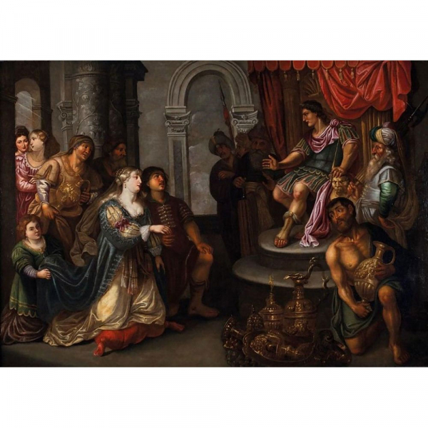 Esther ante el Rey Asuero. Círculo de Peter van Lint (Amberes, 1609 - 1690). Escuela flamenca. Siglo XVII.   Óleo sobre lienzo.