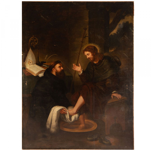 San Agustín lavando los pies a Jesucristo, escuela italiana del siglo XVII - XVIII.    Óleo sobre lienzo