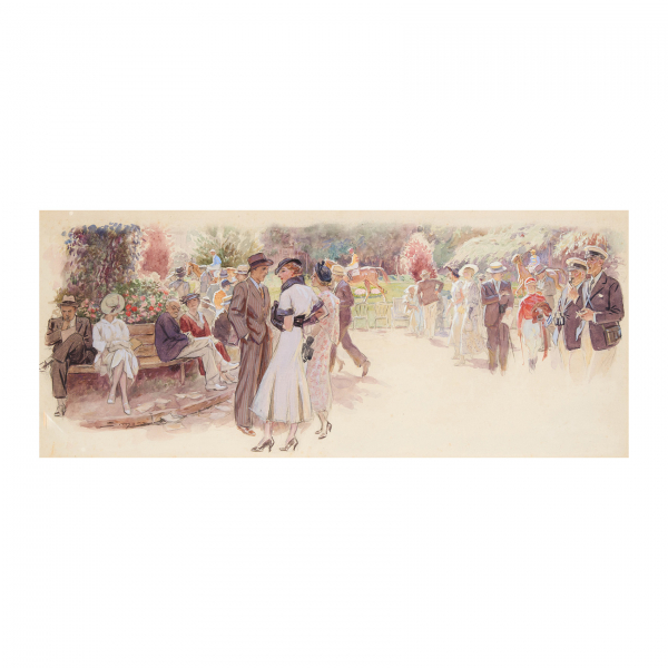 Josep Simont Guillén (Barcelona, 1875-Caracas, Venezuela, 1968). Escena en el hipódromo. Acuarela sobre papel. Firmado.