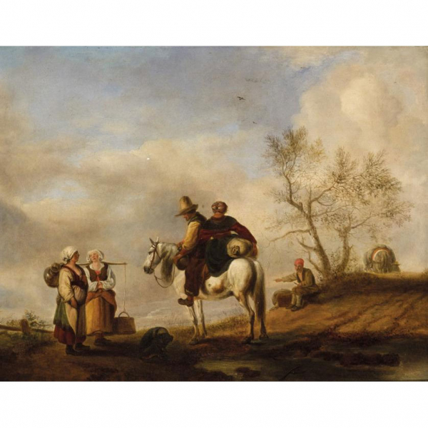 Phips Pauwelsz Wouwerman.   "Encuentro en el camino". Óleo sobre tabla. (1619 - 1668)