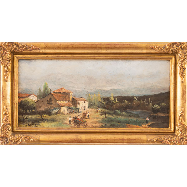 "Vista de pueblo"  N. DOMINGUEZ, ESCUELA ESPAÑOLA, SIGLO XIX-XX