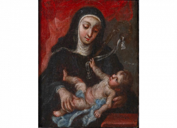 JOSÉ DE IBARRA (Guadalajara, 1685 - Ciudad de México, 1756)  Santa Gertrudis con el Niño.   Óleo sobre lienzo adherido a tabla.