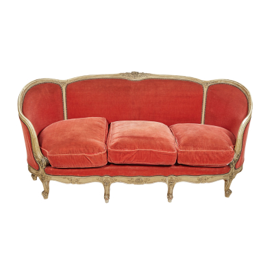 Canapé corbeille francés en madera tallada y tapicería en terciopelo de tonalidad burdeos, fles. del s.XVIII-ppios. del s.XIX.