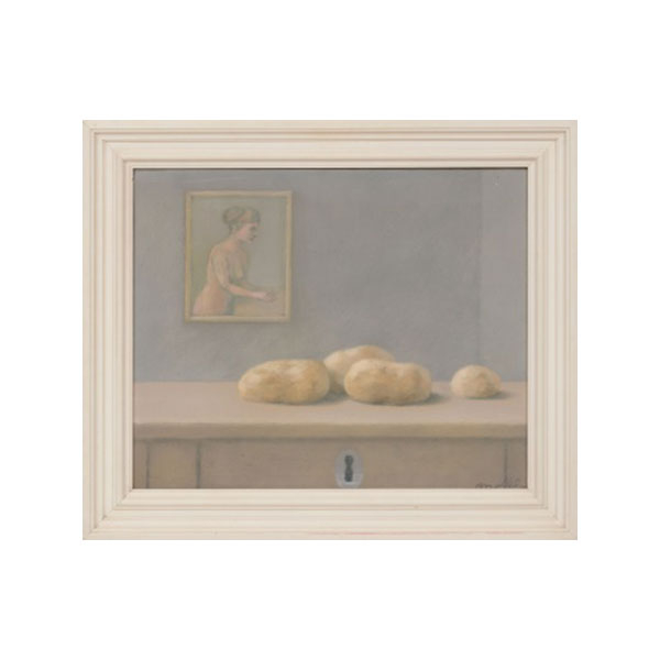 ANTONIO LAGO RIVERA  (La Coruña 1916 - Paris 1990) "Bodegón de patatas y cuadro de joven" Firmado: Lago 1972 Óleo / Lienzo