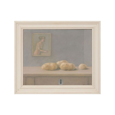 ANTONIO LAGO RIVERA  (La Coruña 1916 - Paris 1990) &quot;Bodegón de patatas y cuadro de joven&quot; Firmado: Lago 1972 Óleo / Lienzo