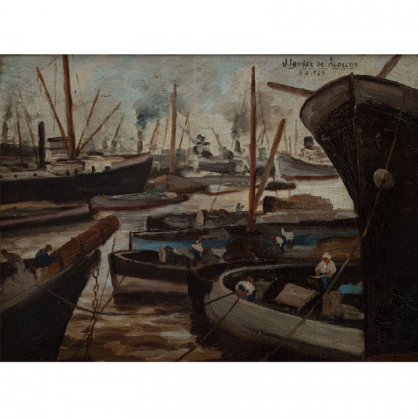 "Barcos con marineros en el puerto".   JULIÁN IBAÑEZ ALDECOA(Vizcaya, 1876-Buenos Aires, 1952) 