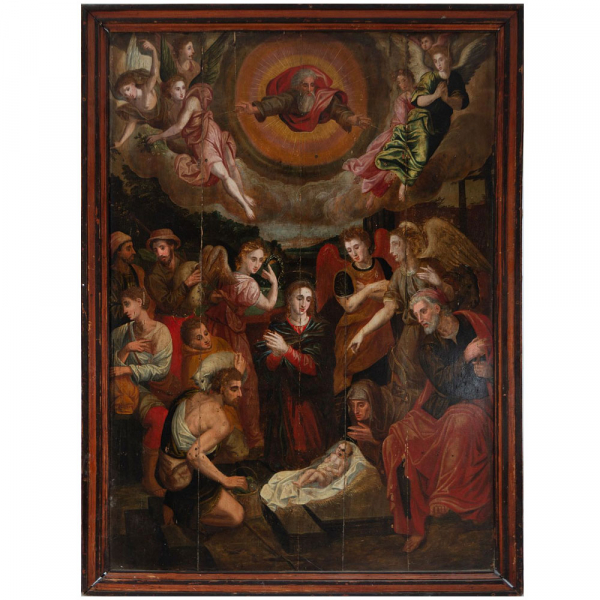 "La Adoración de Pastores" escuela Hispano-flamenca del siglo XVI - XVII.  Óleo sobre tabla