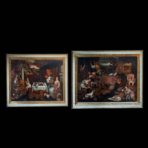 Seguidor de FRANCESCO BASSANO EL JOVEN (Bassano del Grappa, 1549 - Venecia, 1592) - Pareja de alegorías de los meses del año Julio (Leo), Septiembre (Libra), siglo XVII. Óleo sobre lienzo.