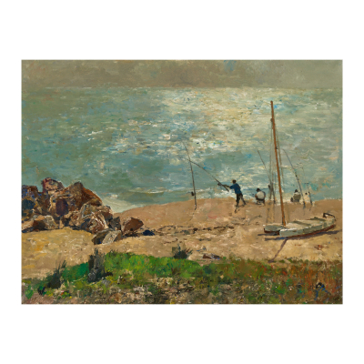 Josep Maria Mallol Suazo (Barcelona, 1910-1986) Pescadores en la playa. Óleo sobre tela. Sin firmar.