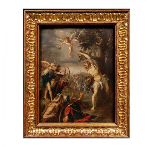 Pintura antigua en óleo sobre lienzo, con marco dorado.