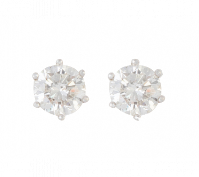 Pendientes dormilonas con brillantes de 1,36 y 1,26 ct respectivamente, engastados en seis garras.   En oro blanco de 18 K.