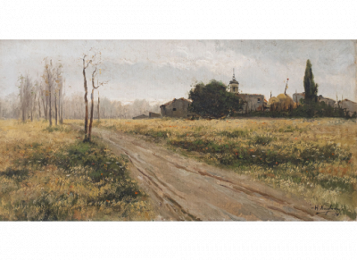 HERMENEGILDO ANGLADA-CAMARASA (Barcelona, 1871-Pollen&ccedil;a, Mallorca, 1959)  Paisaje con camino, 1890.  