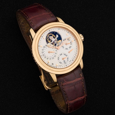 Reloj BLANCPAIN modelo Leman Tourbillon Calendario Perpetuo para caballero en oro rosa de 18 K.