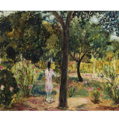 Carmen Laffón &quot;Niña en un jardín, Sanlúcar de Barrameda (circa 1958 - 59)&quot;. Óleo sobre tabla.