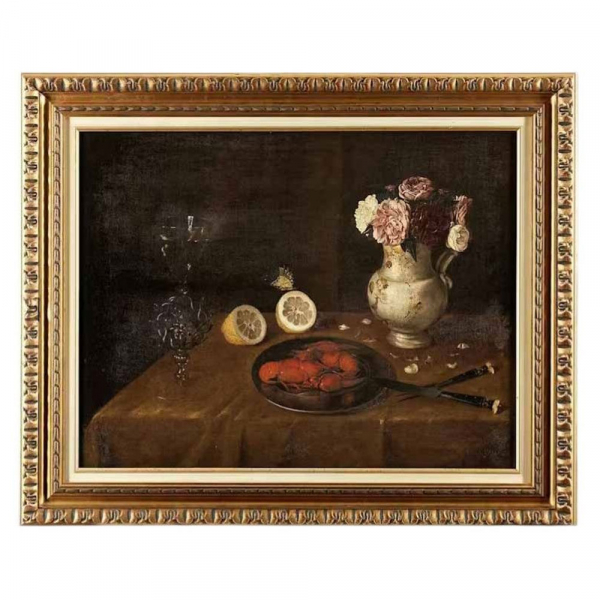 Escuela Alemana del siglo XVII "Cangrejos de río, limones y jarrón de flores sobre un entablamento".  