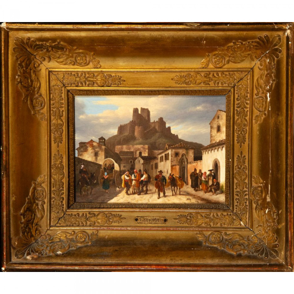 "Vista de la ciudad de Almansa con el castillo al fondo". Giuseppe Canella. Escuela Italiana del siglo XIX.   &Oacute;leo sobre hojalata