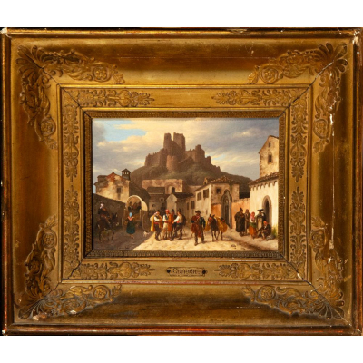 "Vista de la ciudad de Almansa con el castillo al fondo". Giuseppe Canella. Escuela Italiana del siglo XIX.   &Oacute;leo sobre hojalata