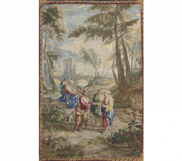 "La buenaventura". Tapiz flamenco en lana y seda según diseño de Teniers. Taller de Urbanus Bruselas, S. XVIII.