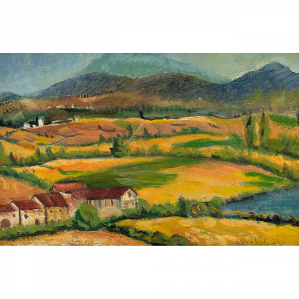 CRISTOBAL  GONZALEZ   (S. XX)  "Paisaje con casas"  Firmado: Cristobal  &Oacute;leo / Tabla