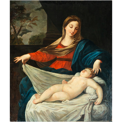 La Virgen Adorando al Niño Dormido, taller o seguidor de Giovanni Battista Salvi da Sassoferrato, escuela italiana del siglo XVII - XVIII.