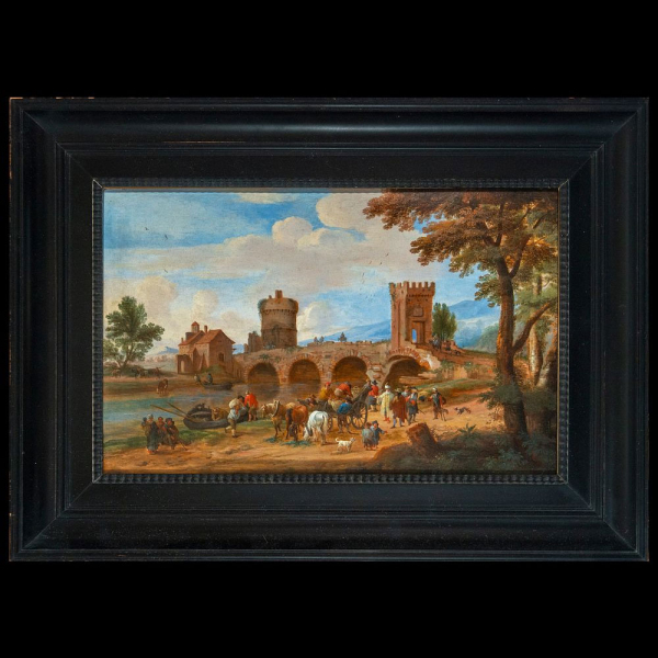 Importante óleo sobre tabla de Paisaje con Puente, Manera de David Teniers, Amberes, 1610 - Bruselas, 1690 - Siglo XVI