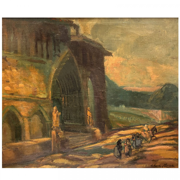 &quot;Procesión a la Iglesia del Santo Sepulcro de Estella&quot; Navarra.  GUSTAVO DE MAEZTU (Vitoria, 1887- Estella, 1947).  Óleo/Lienzo.   Titulado en el reverso.