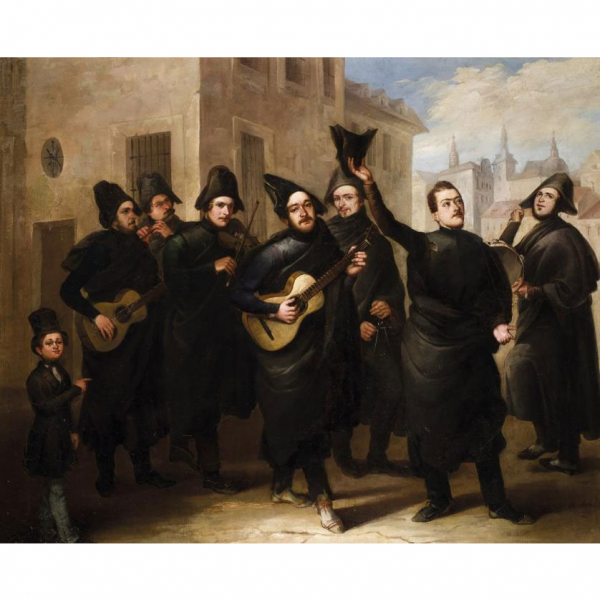Francisco de Paula Mendoza y Moreno (1812 - 1885) "Estudiantina en las calles de Madrid". Óleo sobre lienzo. Firmado en el ángulo inferior derecho.