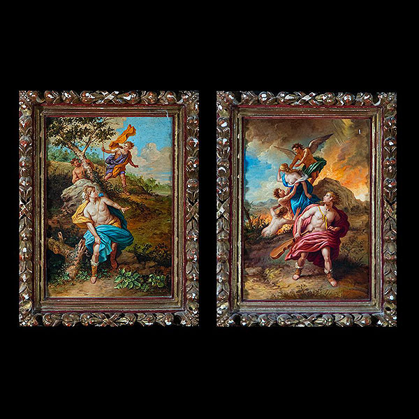 Escuela Francesa del siglo XVIII - Pareja de cobres de escenas mitológicas (Baco y Ariadna, Boreas secuestra a Oritía).   Óleo sobre cobre.