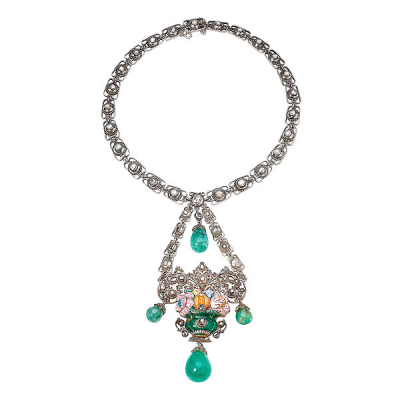 Importante collar gargantilla isabelino antiguo España, S. XIX, en plata con esmeraldas y diamantes