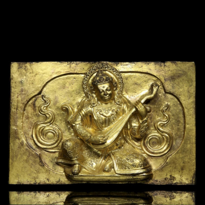 Placa de cobre dorado &quot;Dhritarashtra&quot;, Tíbet, s. XVII. 