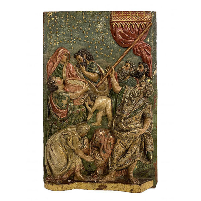 Circulo de Alonso de Berruguete. Escena Biblica en madera tallada, policromada y dorada. 