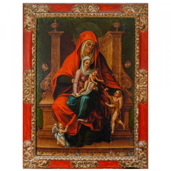 "Virgen con el Niño y Santa Ana" Escuela Italiana, Siglo XV-XVI.  Óleo sobre tabla.