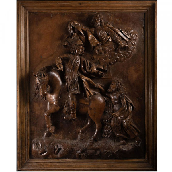 Muy Importante Gran relieve en madera de roble de San Martín a Caballo, escuela Renacentista Alemana del siglo XVI.