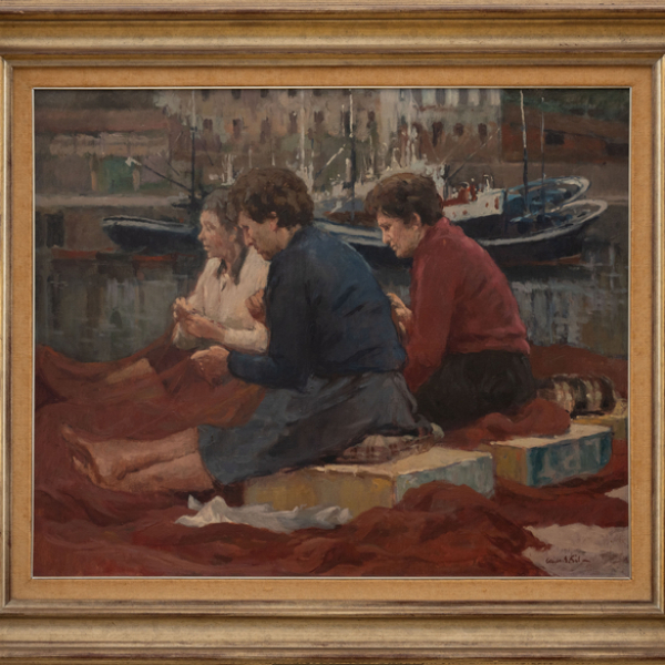 "Cosiendo las redes en Bermeo".  CARLOS E. GIL (Bilbao, 1920-2004). Técnica: Óleo/Lienzo