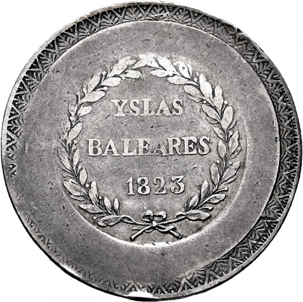 Moneda 1823 Fernando-VII Mallorca 5 Pesetas M.B.C.-, Y LA CONST, golpecitos