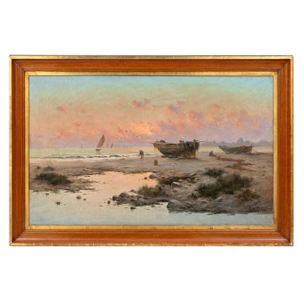 ELISEO MEIFRÉN ROIG  (Barcelona 1859-1940) "Marina con barcas atracadas y pescadores"