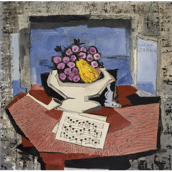 Ismael González de la Serna.  "Bodegón con partitura". Óleo sobre tablex.