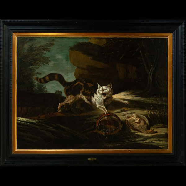 Gato con Ave, Escuela francesa o flamenca del siglo XVII, con antigua etiqueta de atribución a Jean Baptiste Oudry, siglo XVII.  