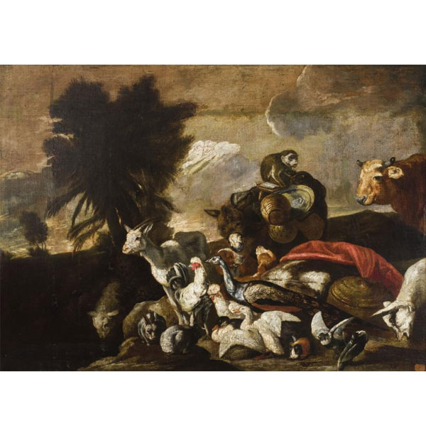 ESCUELA FLAMENCA S. XVII   "Escena de animales". Óleo sobre lienzo.