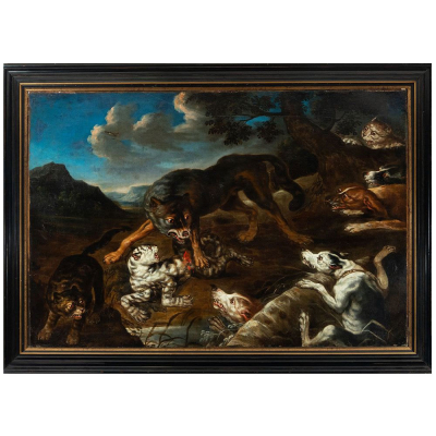 "Escena de Caza", Escuela Flamenca de Paul de Vos del siglo XVII.   &Oacute;leo sobre lienzo