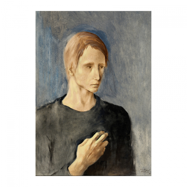 Montserrat Gudiol Corominas (Barcelona, 1933-2015).  Bust d’home amb la má al pit.  Óleo sobre tabla. Firmado y fechado en 1980.