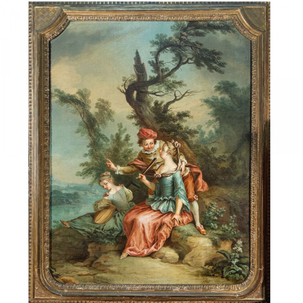 "Escena galante" atribuida a François Boucher y su Taller, firmado, siglo XVIII.   Óleo sobre lienzo